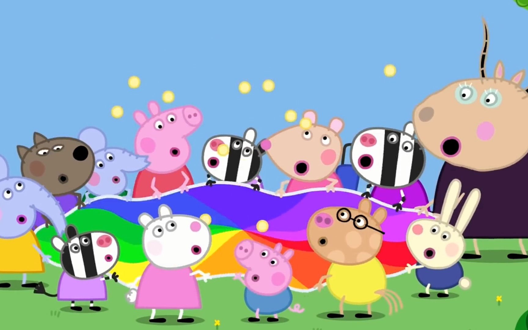 小猪佩奇和好朋友们用彩虹降落伞玩抖小球的游戏 简笔画
