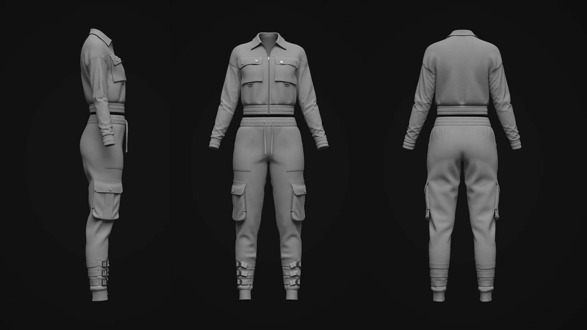 md服装女式运动服长袖外套工装裤子套装zprj模型打版源文件3d服装