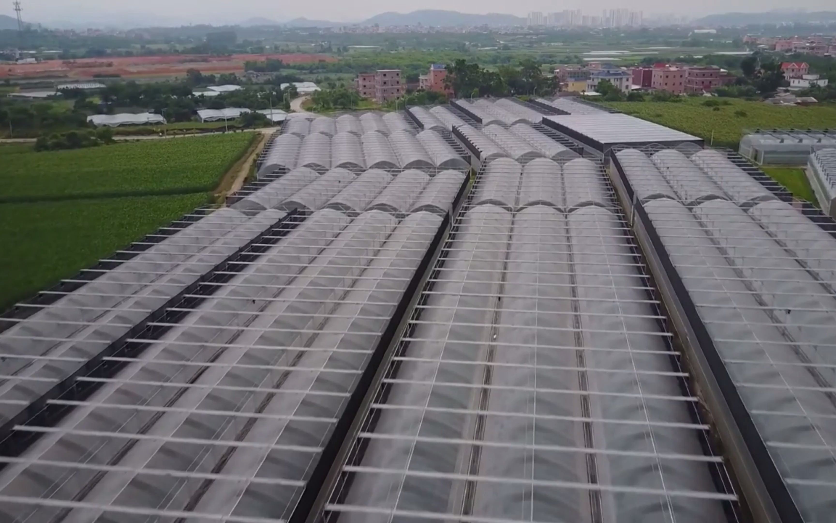 温室大棚智慧农业园区全景航拍镜头航拍下的玻璃大棚玻璃温室