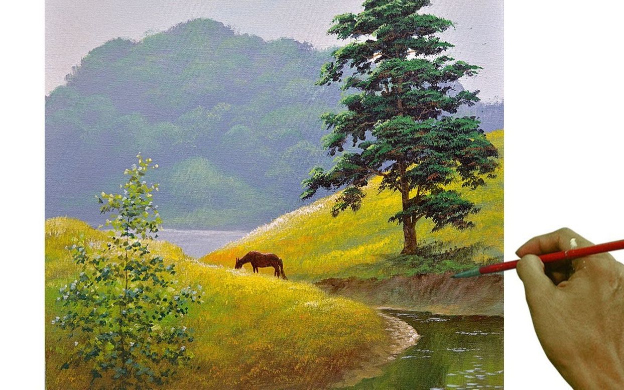 【丙烯画】【绘画教程】清晨的田野-acrylic landscape morning on