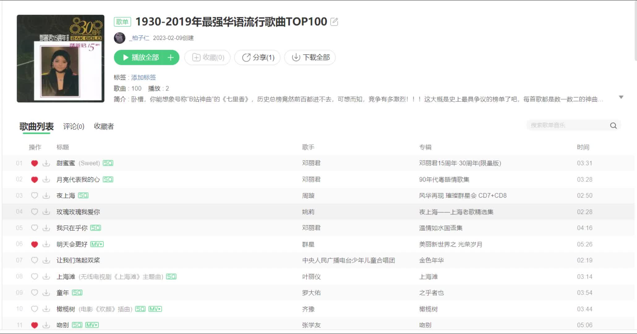 [图]1930-2019年最强华语流行歌曲TOP100网易云歌单