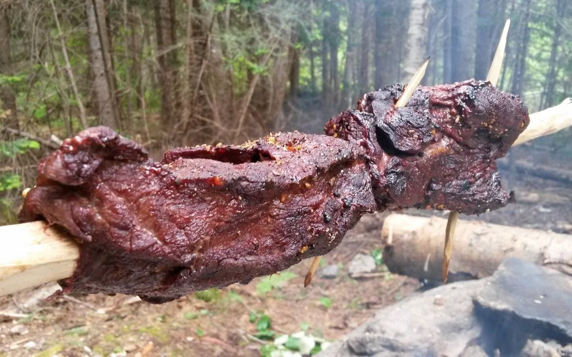 【露营美食】营火烤鹿肉 cooking moose meat on my square spit