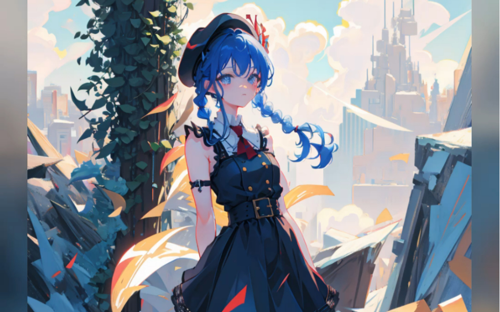 蓝发,马尾,城市,雪地