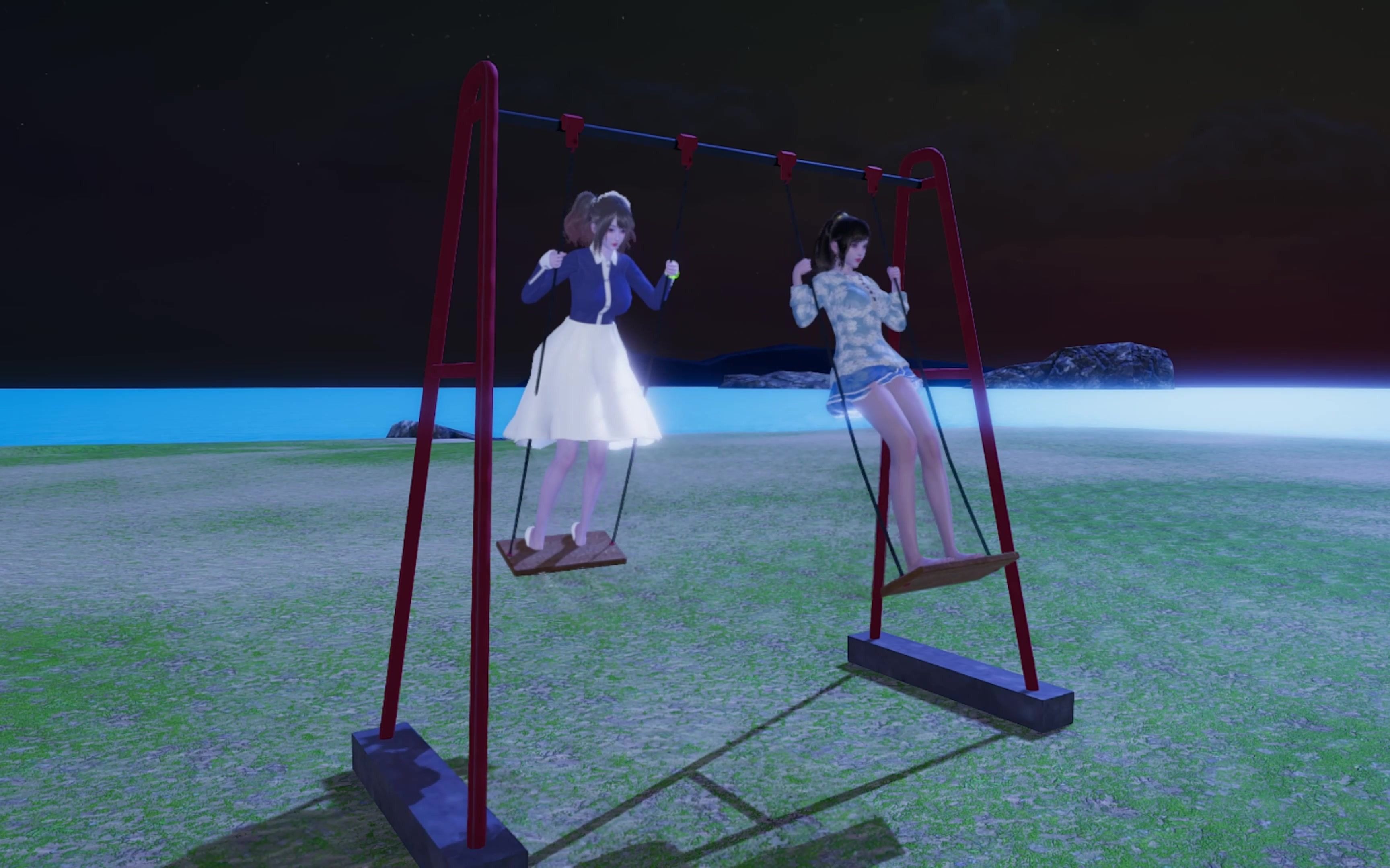 ai少女两个女生大胆地站着荡秋千