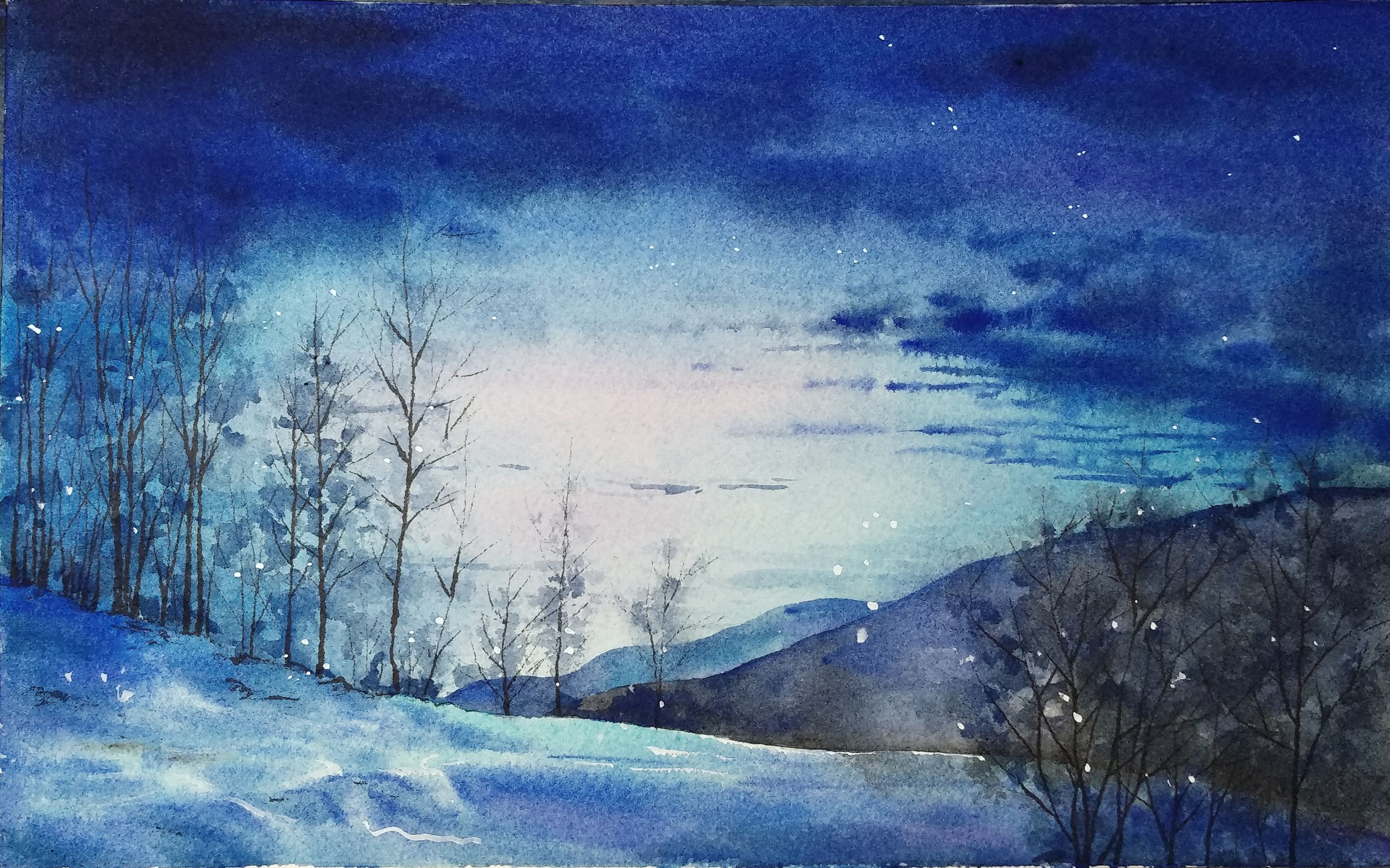 雪夜树影|创作在什么时候适可而止|水彩雪景系列 3|语音讲解