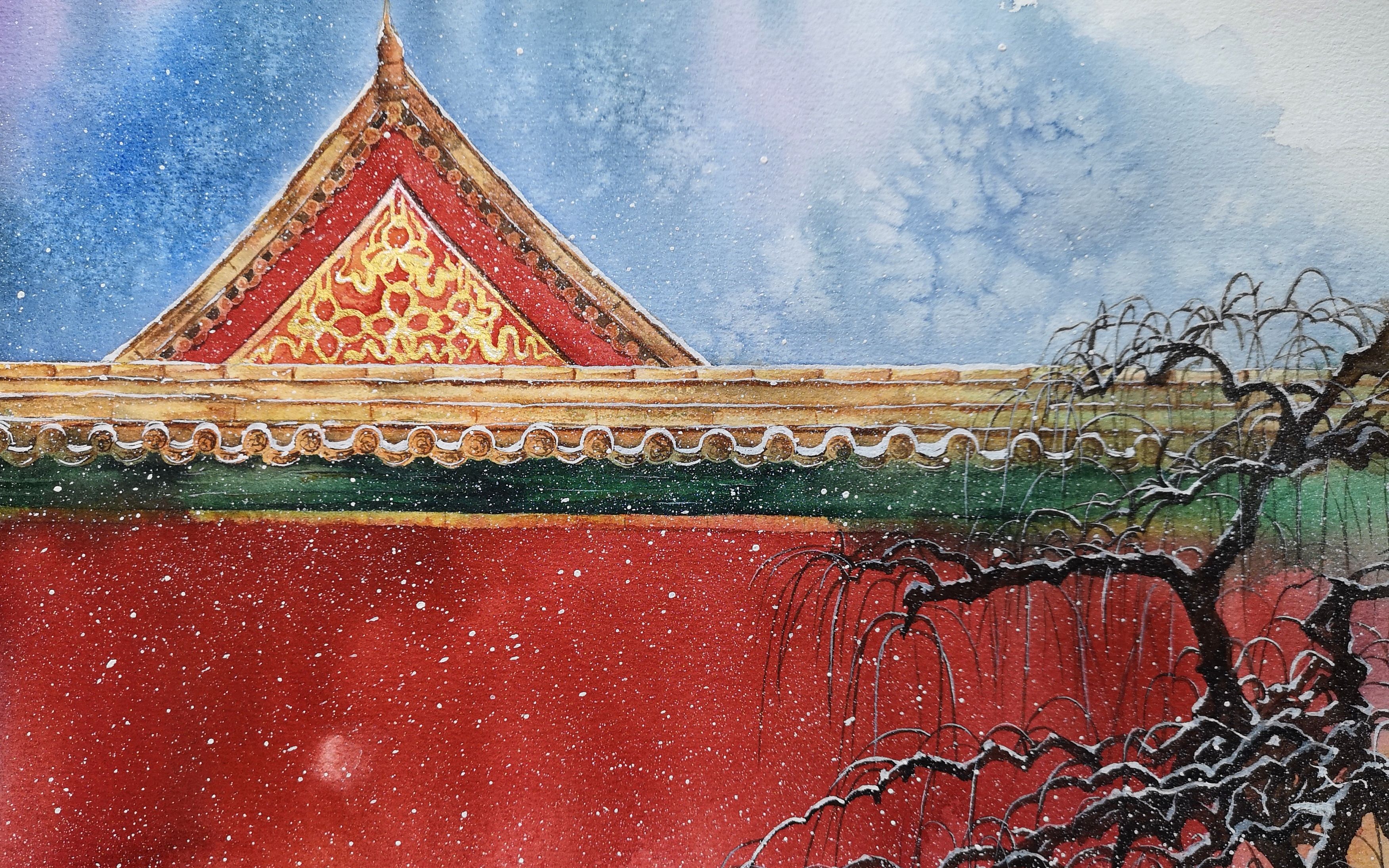 故宫红墙雪景水粉画图片
