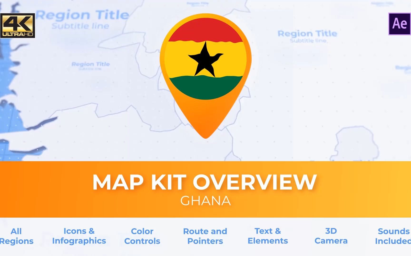 ae模板 | 加纳地图加纳共和国旅游地图路线标记工具包动态动画展示