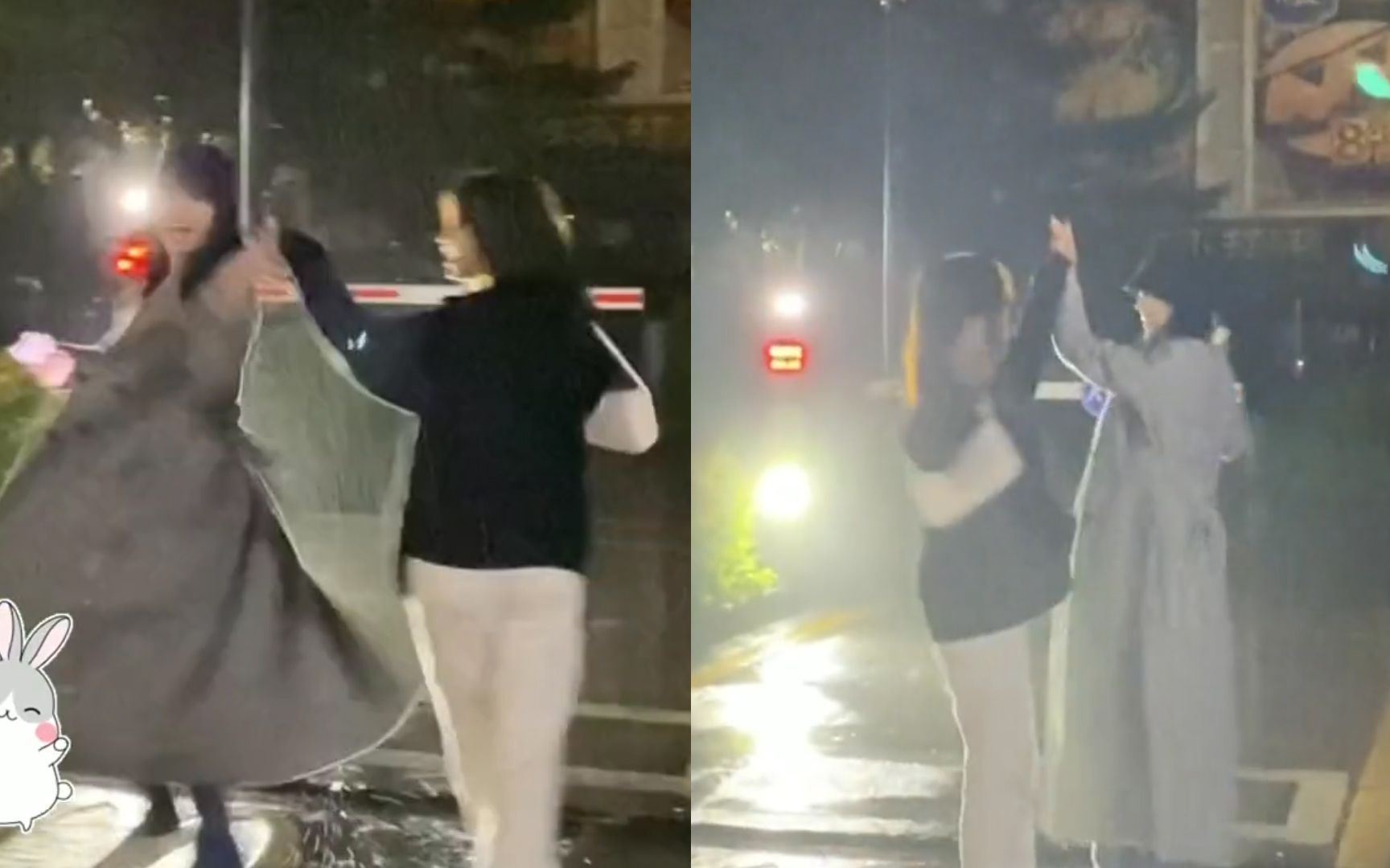 [图]女子雨中挽手闺蜜翩翩起舞，灯光背景氛围感拉满，网友直呼美女