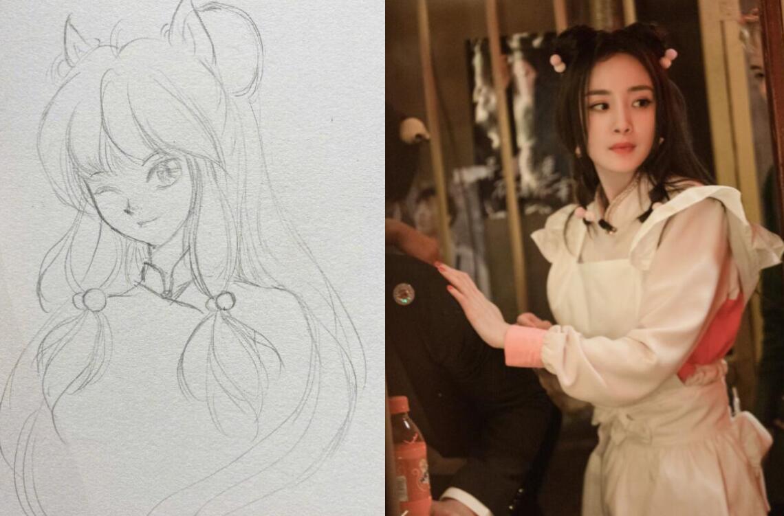 杨幂晒手绘的珊璞素描画,曾cos该角色粉嫩可爱
