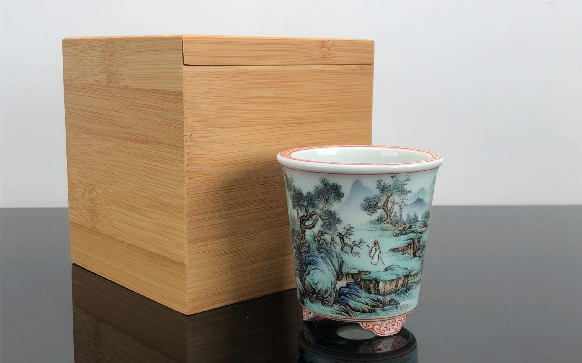 秋物山手工手绘青绿山水签筒盆
