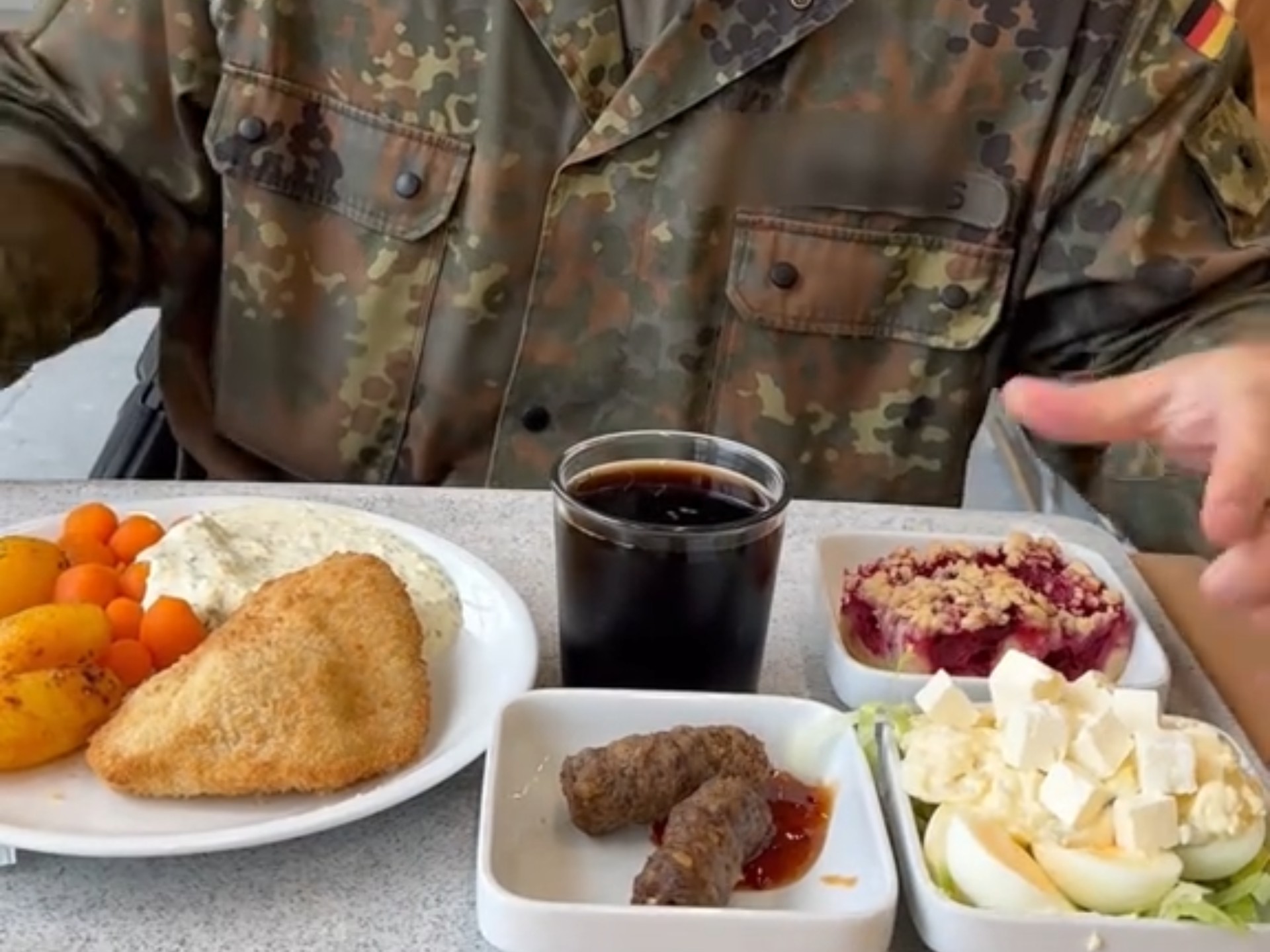 联邦德国国防军食堂伙食,主要有肉排,烤肉串等肉类,炸薯条等碳水,各类