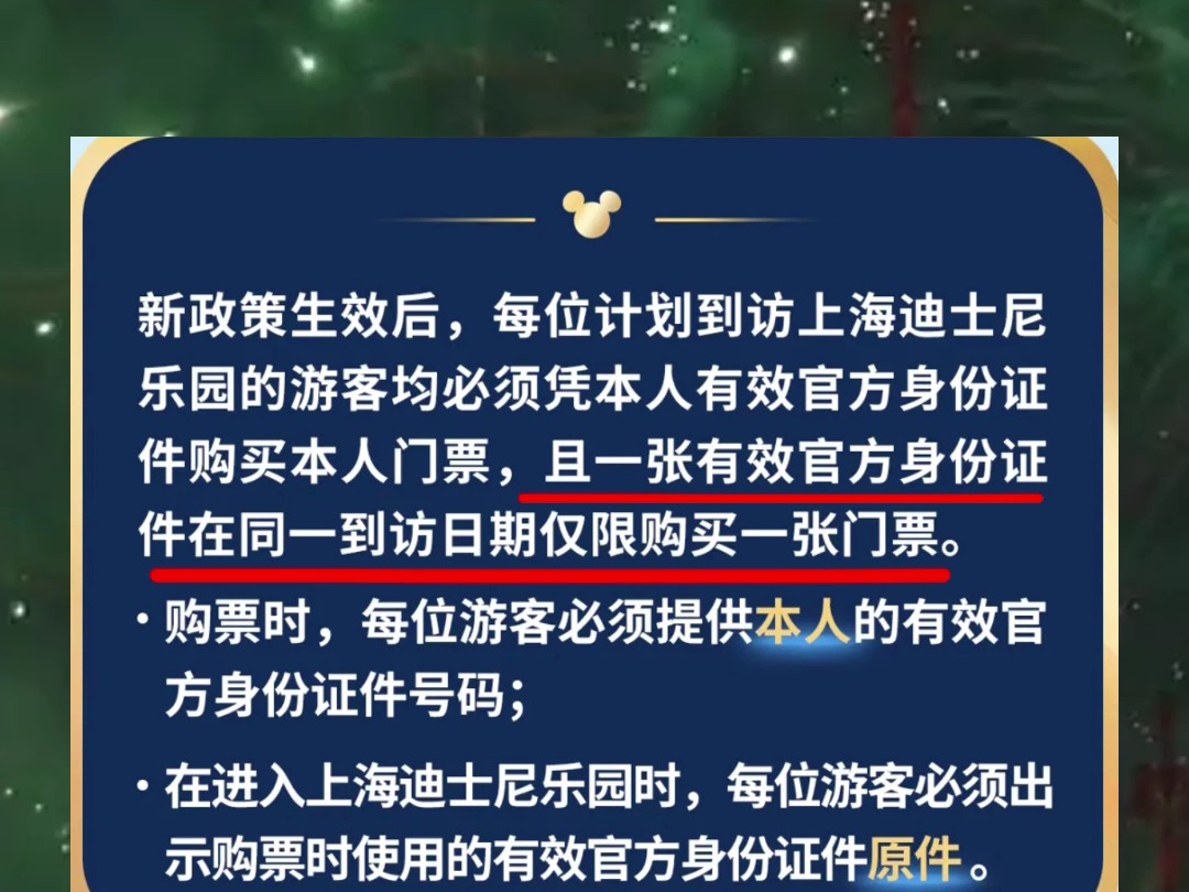 市民游客请注意!上海迪士尼实名制购票政策将在2024年12月23日起生效,一张有效官方身份证件在同一到访日期仅限购买一张门票.哔哩哔哩bilibili