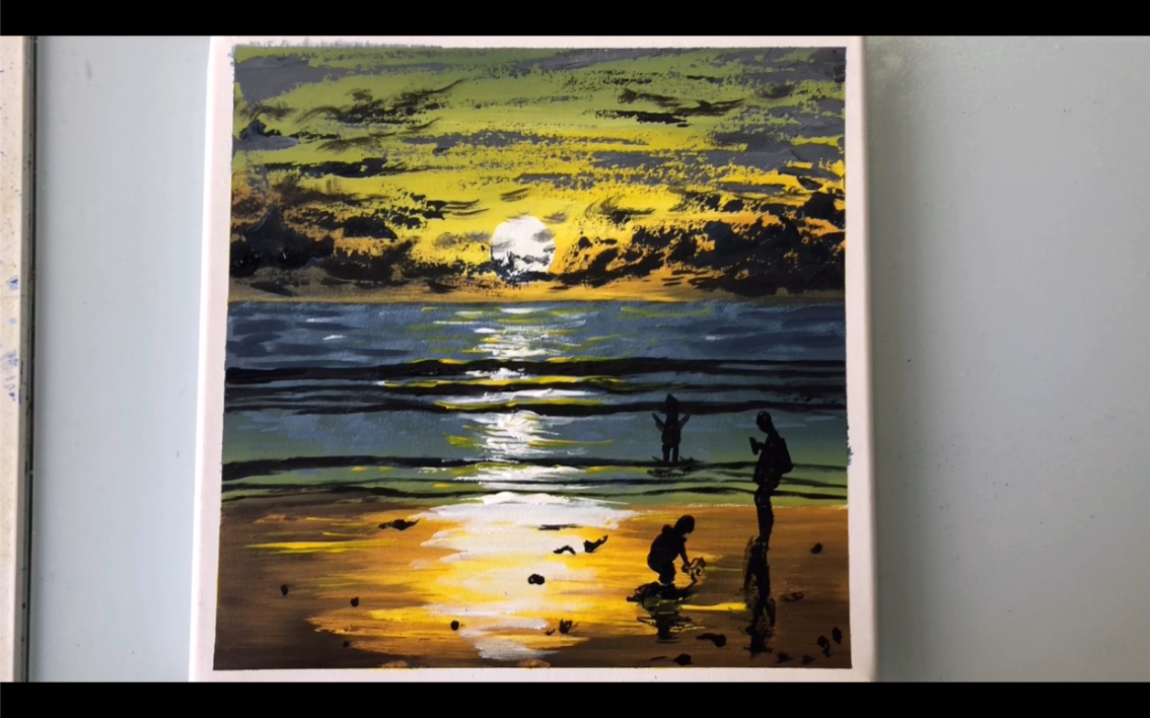 手绘/丙烯画/夕阳夜幕下,海滩边风景/治愈丙烯画#76