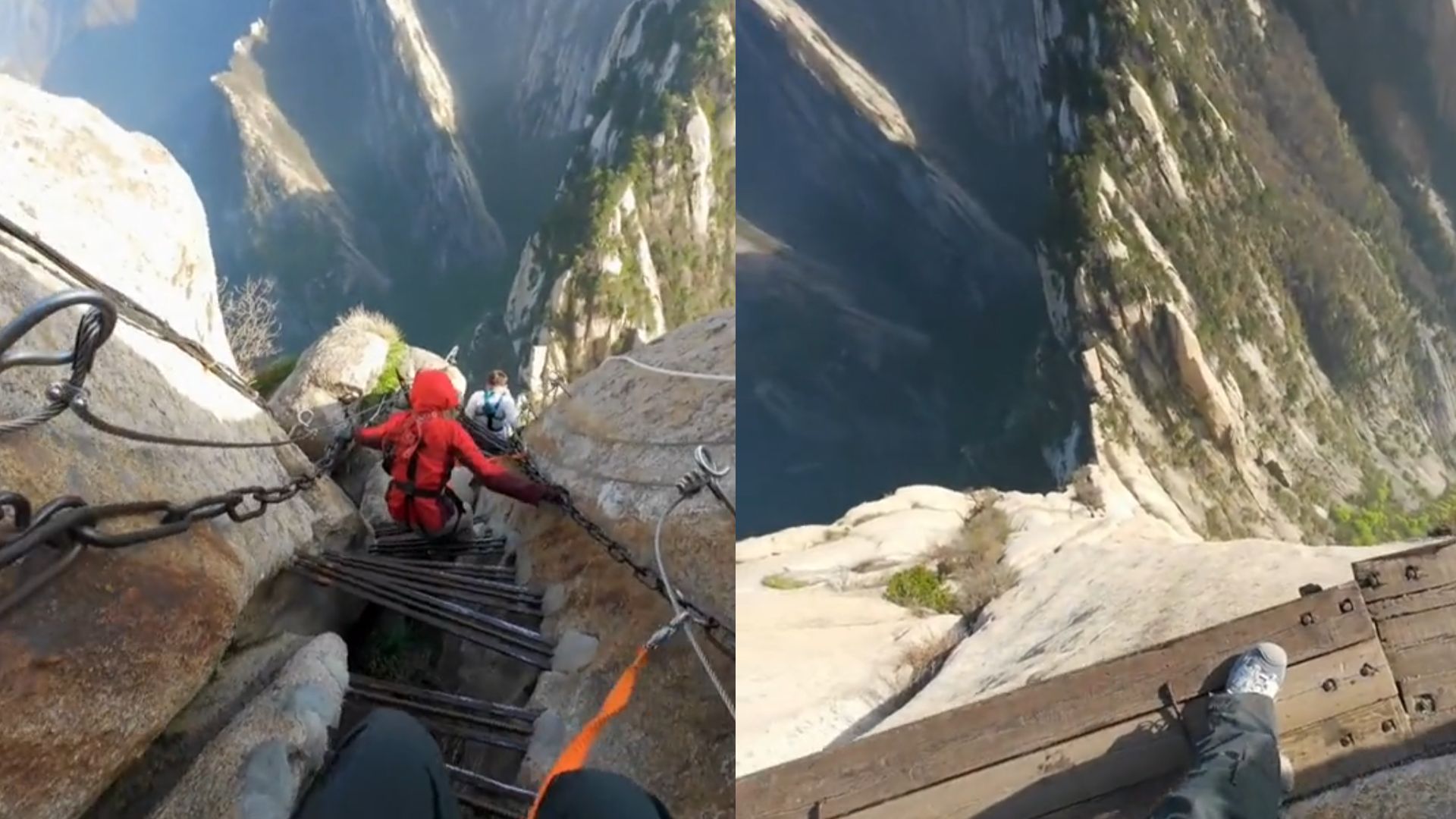 男子去华山长空栈道,悬崖峭壁仅靠绳索支撑平衡,第一视角太恐怖
