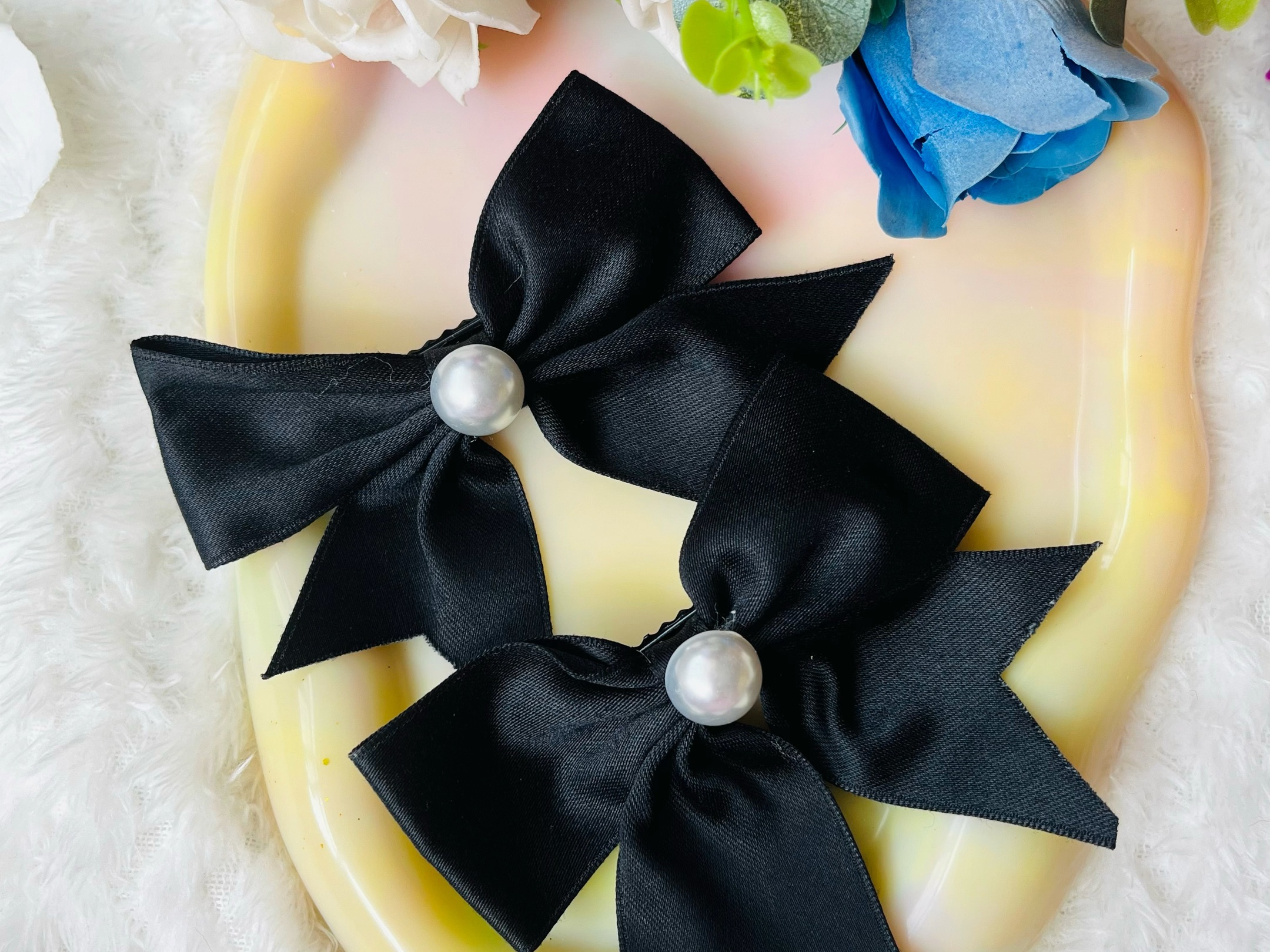 今日份手工:浪漫优雅气质黑色系仿珍珠蝴蝶结对夹发夹法式复古侧边夹