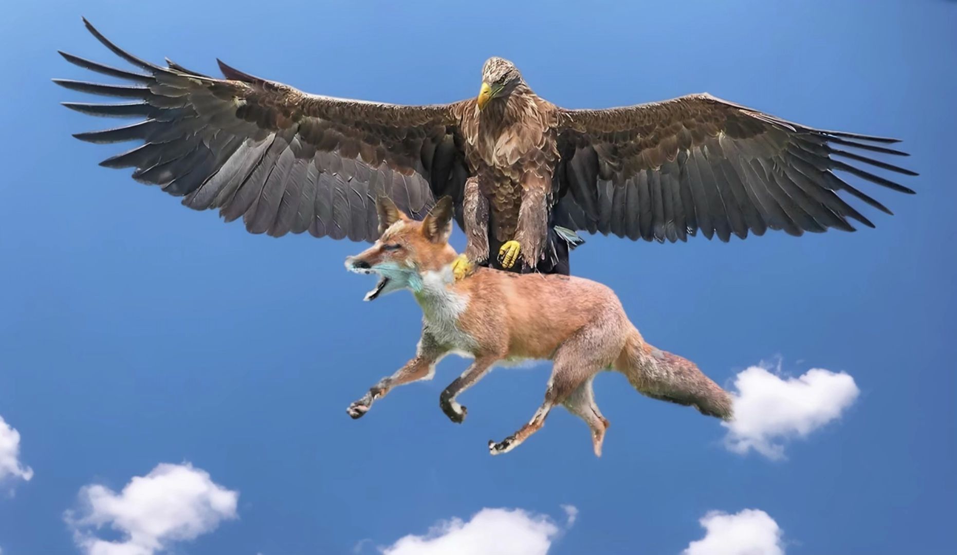 老鹰将狐狸抓到空中!狐狸看着离地面越来越远,似乎被吓晕了