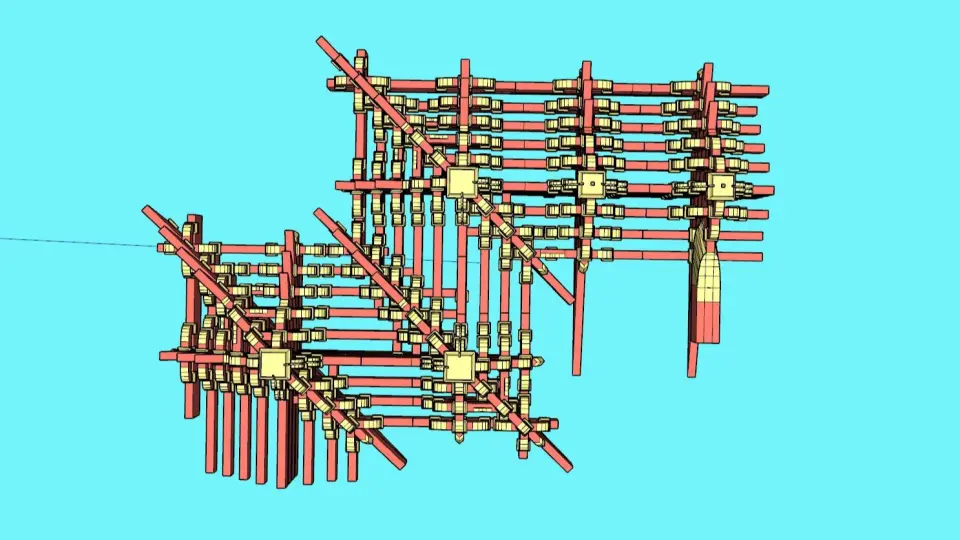 中国古建筑斗栱，八铺作重栱出双杪三下昂，里转六铺作重栱出三杪，计心