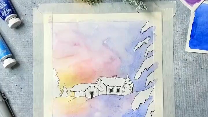 [图]落雪。水彩风景教程视频。by ins:queen_aquarelle