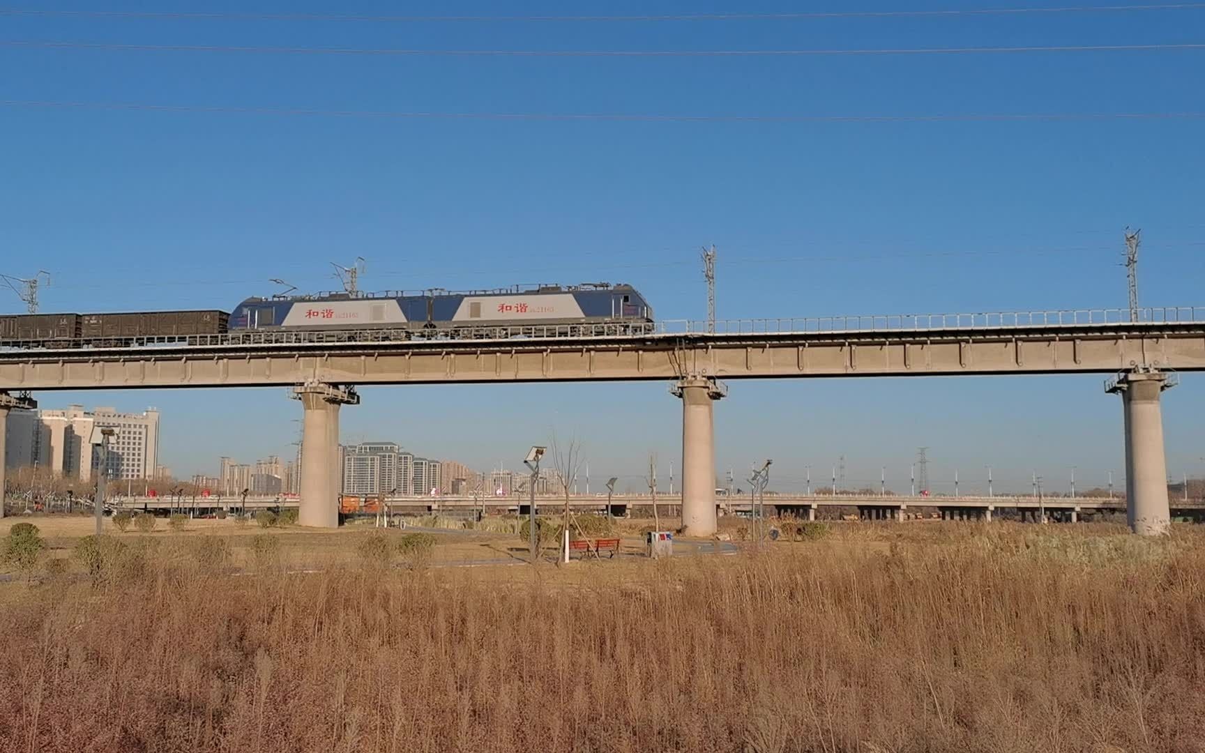 20210117_085501 西康线 西局安段hxd2-1163牵引货列通过灞桥湿地公园