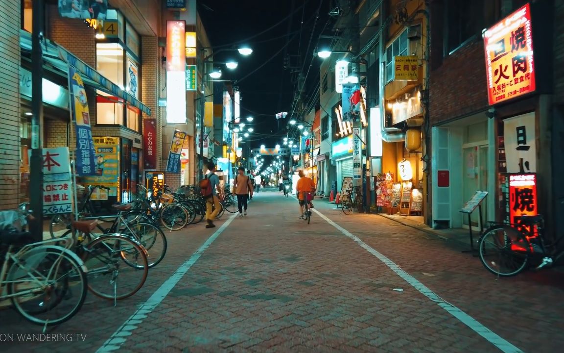 超清日本自行车骑行在夜晚的东京北千住商店街4k超清版20199