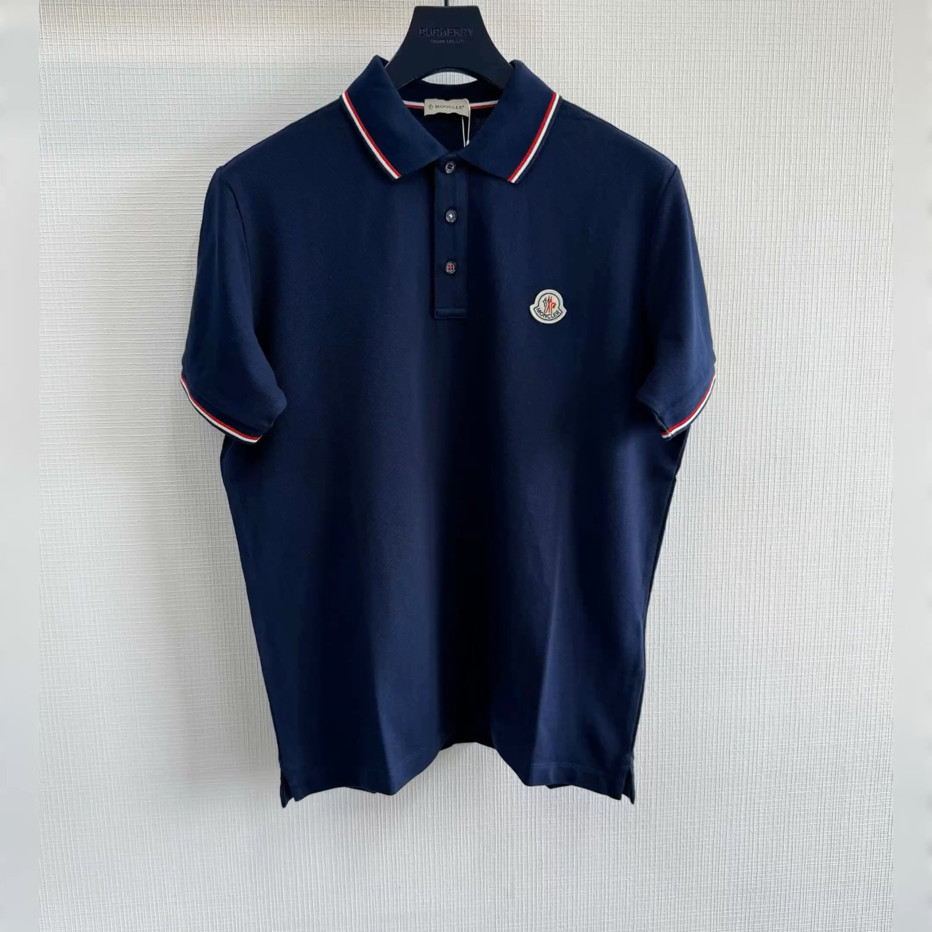 monc蒙口高仿ss24修身三色针织衣领短袖polo衫男230g 100%棉珠地平纹