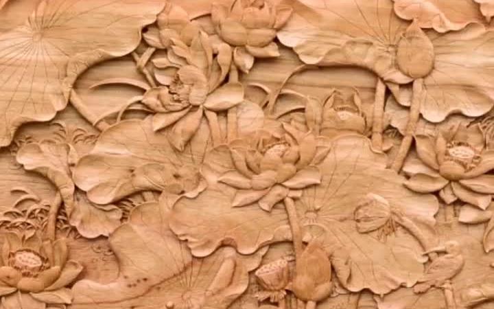 东阳木雕挂屏《清荷凝香》樟木独板浅浮雕技法雕刻