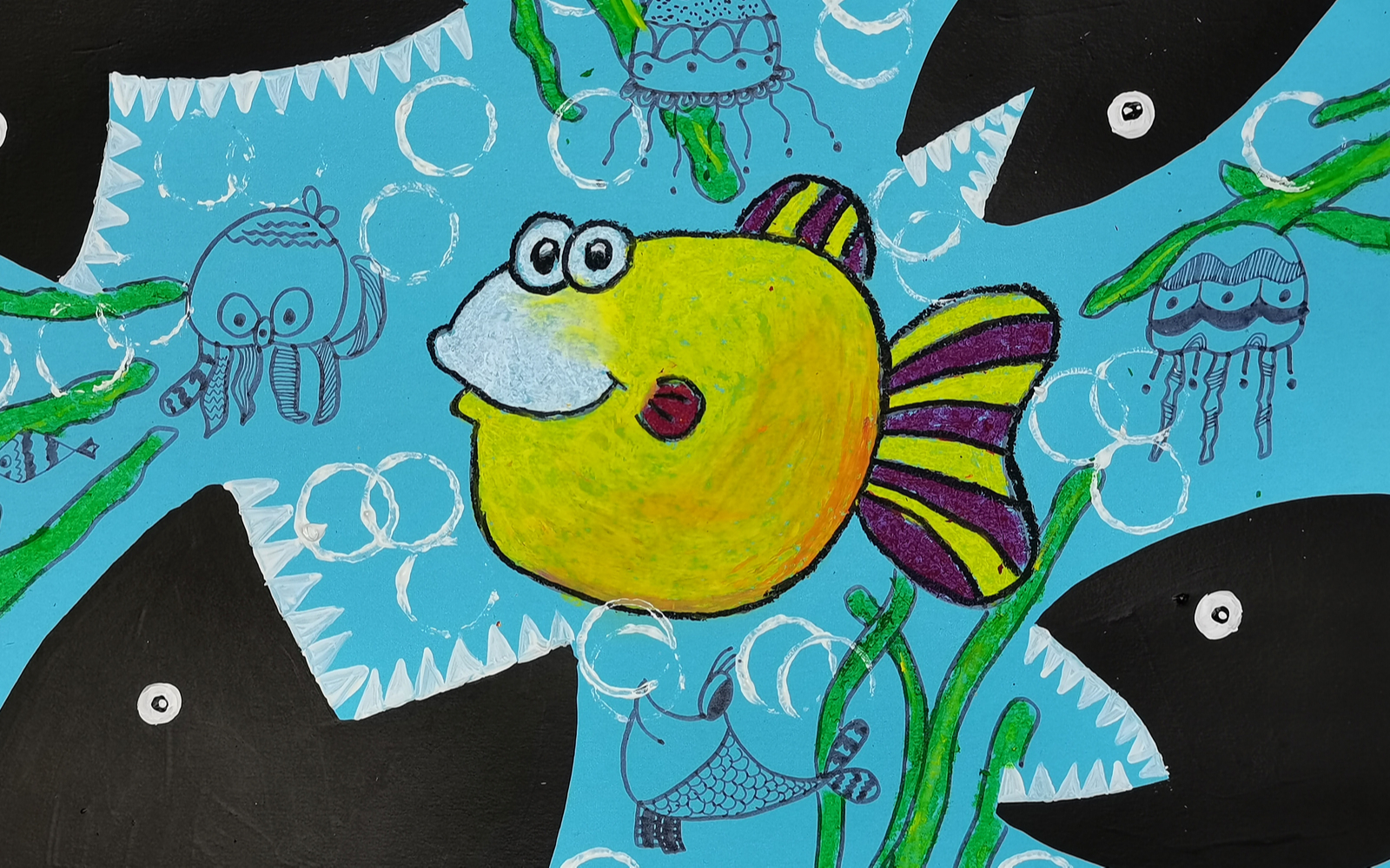 儿童创意画,小鱼历险记,发挥孩子的想象,自由的进行特色创作