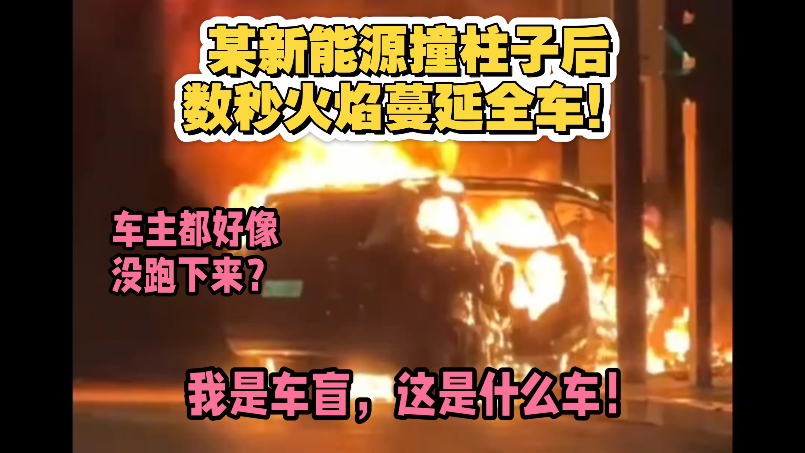 好可怕！陕西某新能源车行驶中撞柱，数秒起火蔓延全车！视频结束车主都好像没跑下来！我对车脸盲，根本看不出来这是什么车！也听不出说的是啥