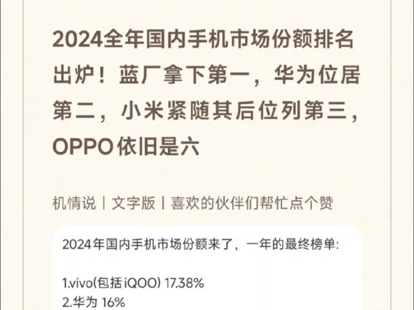 2024全年国内手机市场份额排名出炉!蓝厂拿下第一,华为位居第二,小米紧随其后位列第三,OPPO依旧是六哔哩哔哩bilibili