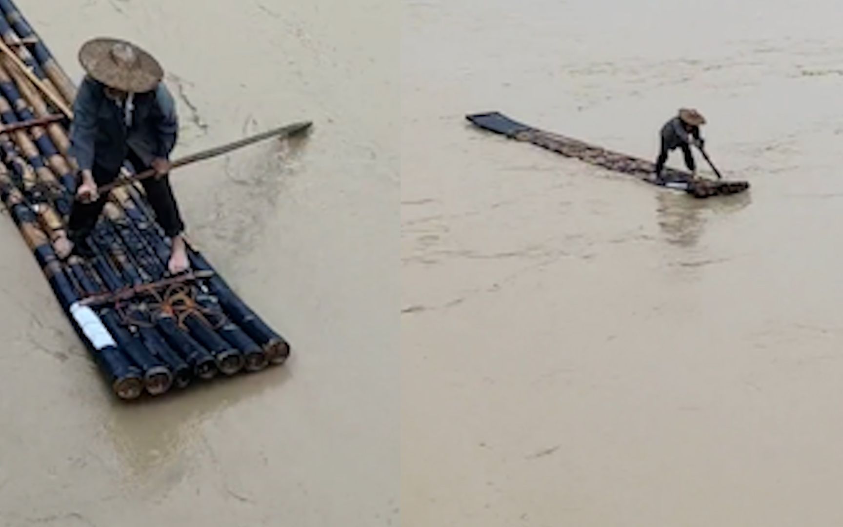 [图]暴雨过后河水猛涨，老人撑着竹排顺水漂流，围观群众直呼太危险！