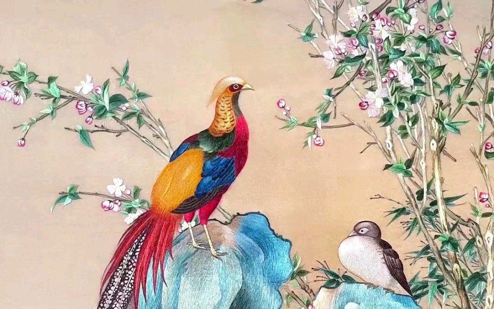 [ 单面绣 ] 苏绣海棠锦鸡图,郎世宁画作