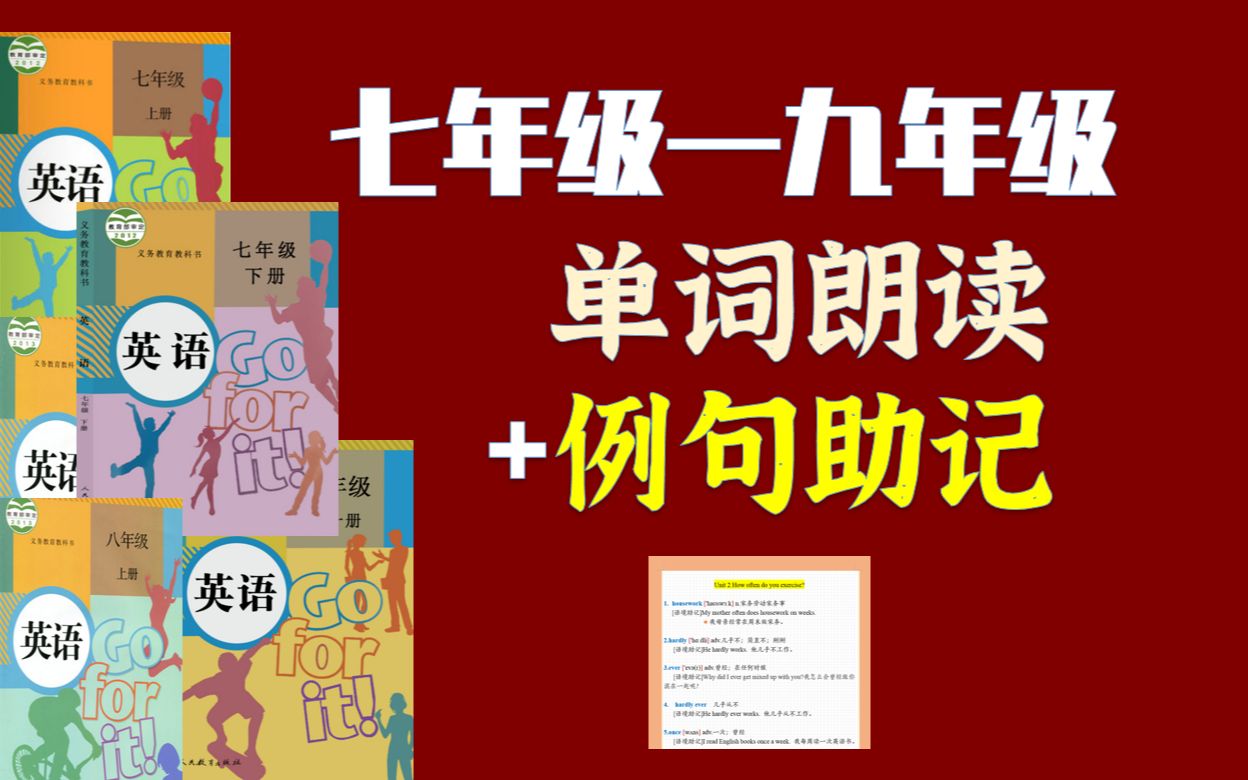 [图]58集|人教版初中英语单词朗读及例句助记（七年级上下册，八年级上下及九年级全册单词一词一句记忆，初一初二初三学生词汇带读）