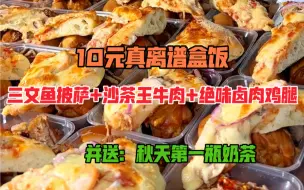 下载视频: 10元真离谱盒饭，竞有三文鱼披萨并送秋天第一瓶奶茶！还有沙茶王牛肉更有大鸡腿配绝味卤肉蛋！