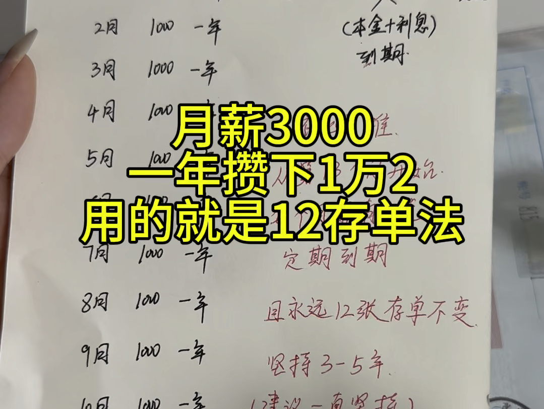 [图]用12存单法，每月存1000，一年攒下1万2，十年就是12万，积少成多滚雪球#强制储蓄 #定期存款 #12存单法