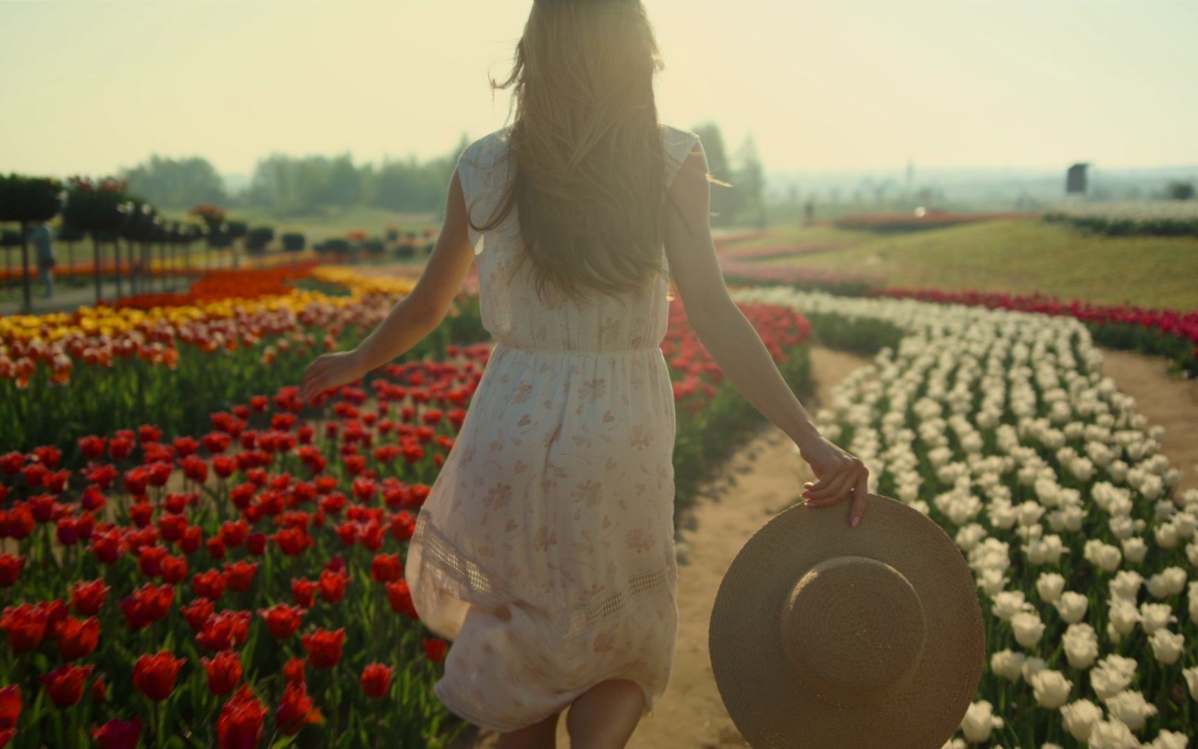 在郁金香花田中奔跑的女人视频素材