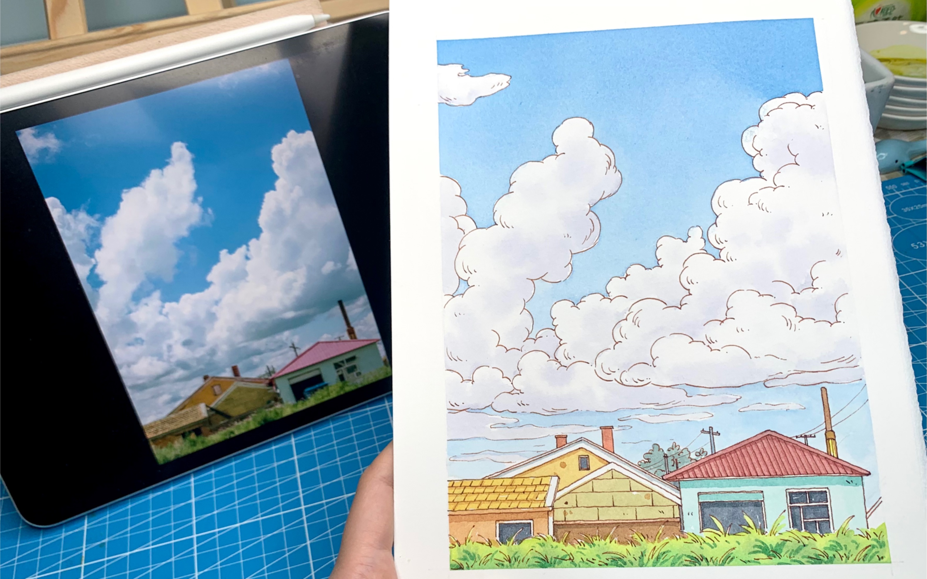 画天空一半是技法一半是心情呀|不小心很容易翻车的-钢笔淡彩