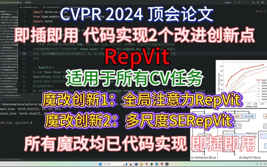 深度学习|2024(CVPR)|RepVit|2个原创改进及代码实现|RepVit,轻量化卷积,魔改实现2个创新点,水论文即插即用,适用于所有分类分割检CV任务哔哩哔...