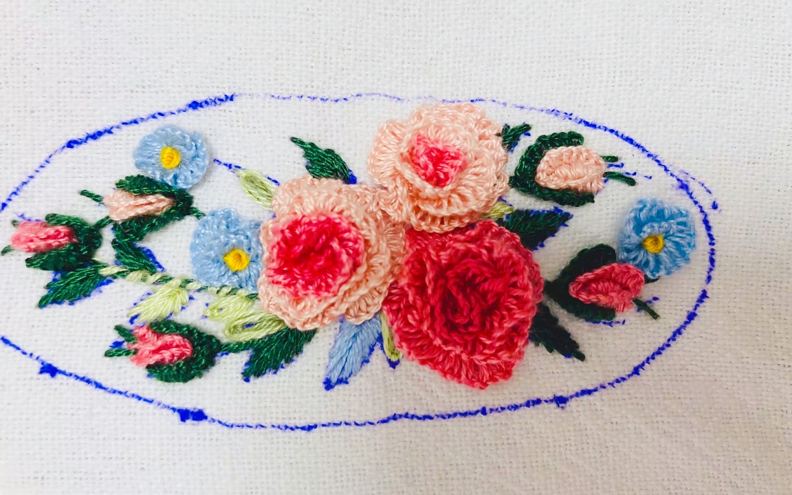 玫瑰花卷线绣怎么绣?卷线绣在叶子和花朵中的灵活应用