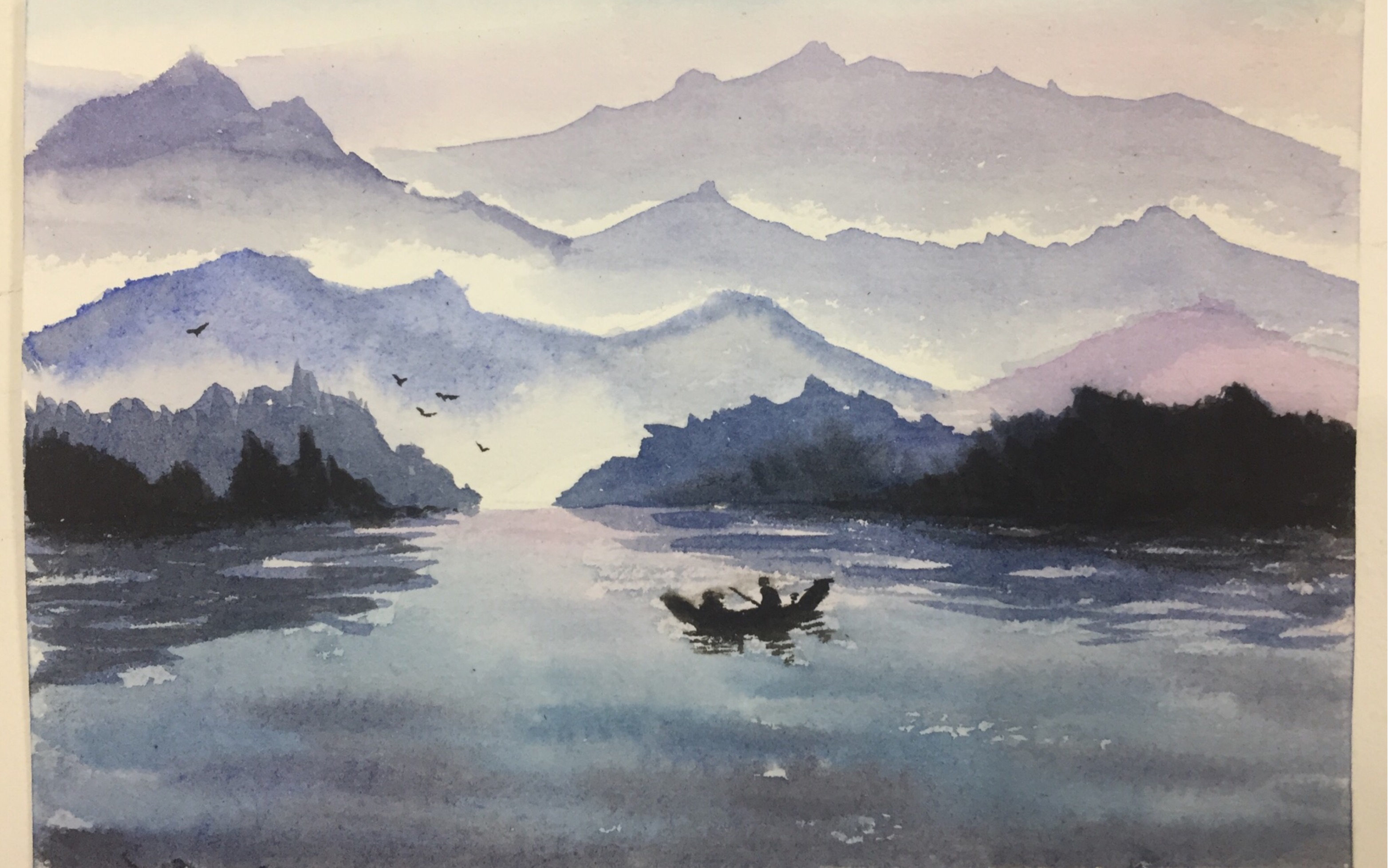水彩,有山有水鸟飞鱼钓
