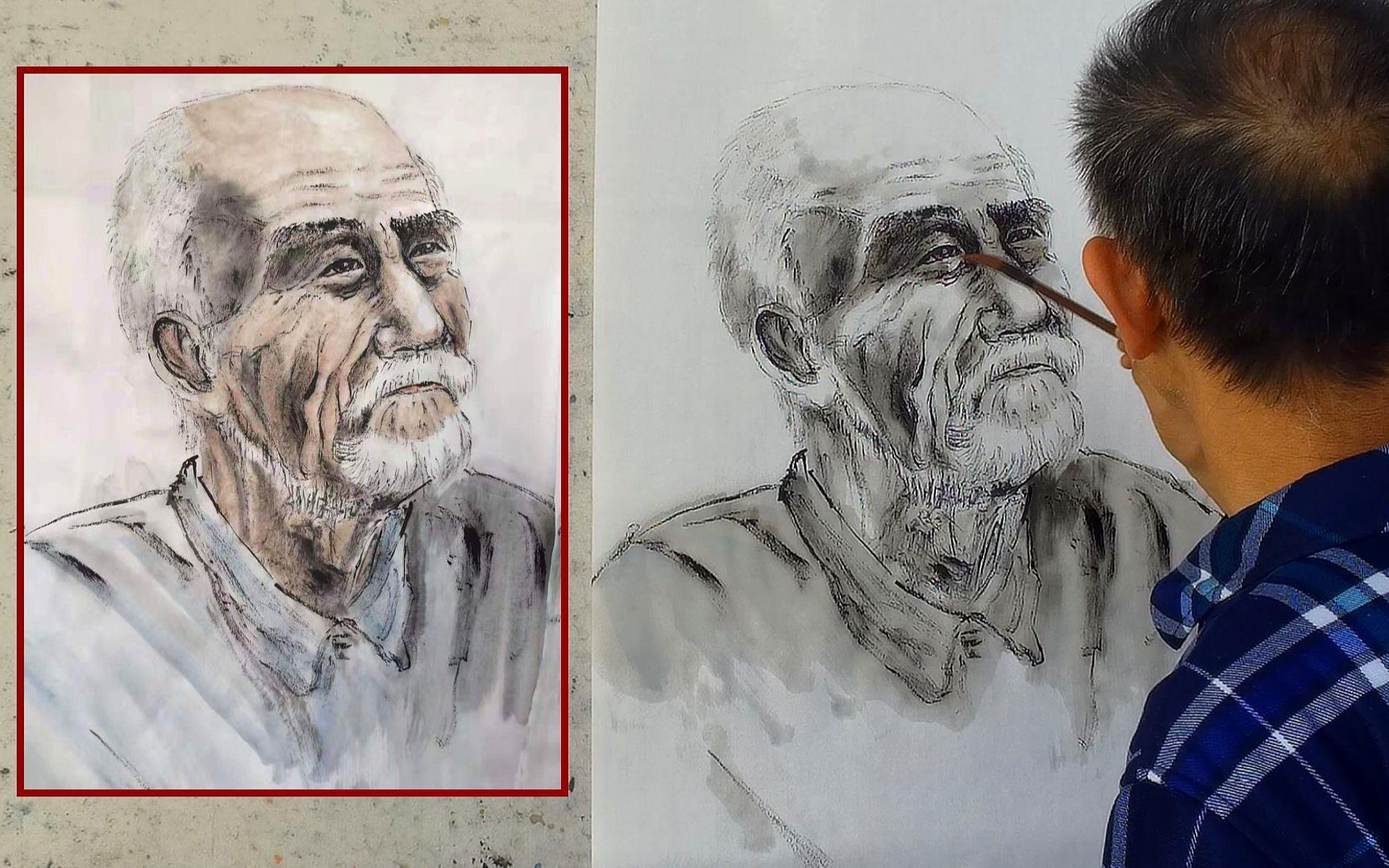 国画技法:吴作成演示人物肖像画,老人皮肤上色的方法_哔哩哔哩 (゜-゜