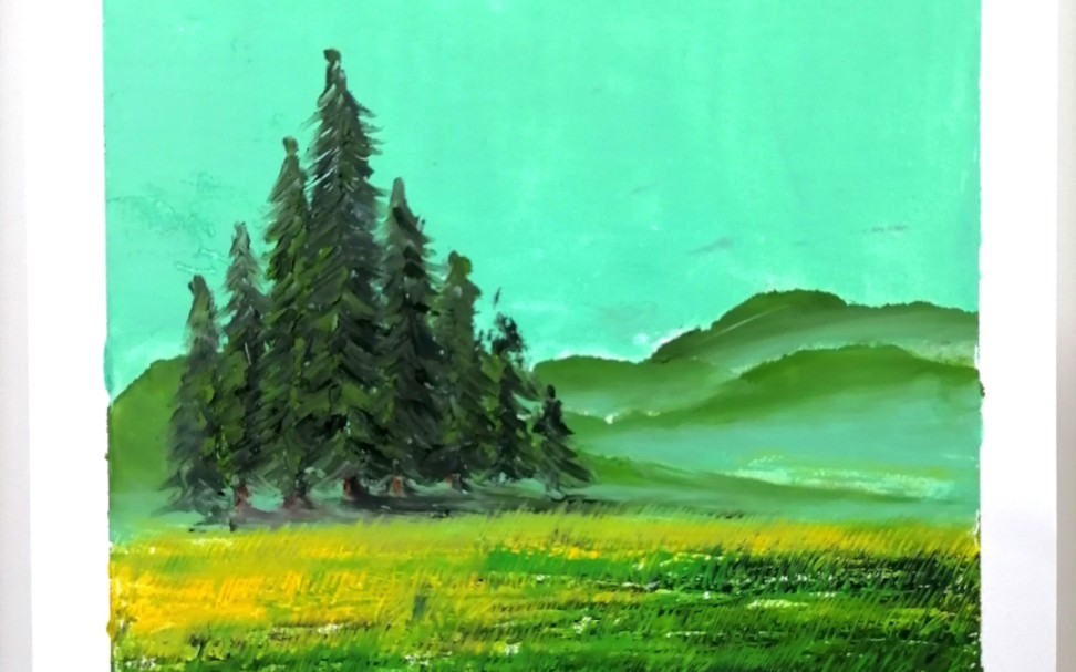 油画棒|淡绿色系的风景|附步骤视频