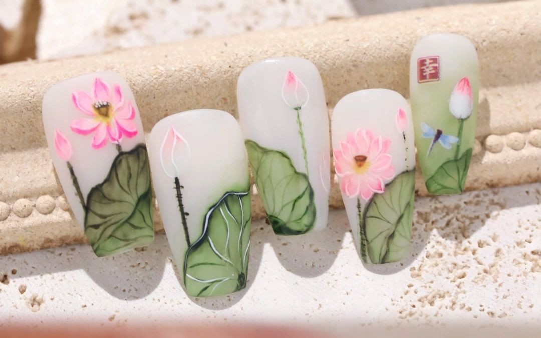 国风荷韵彩绘美甲教程