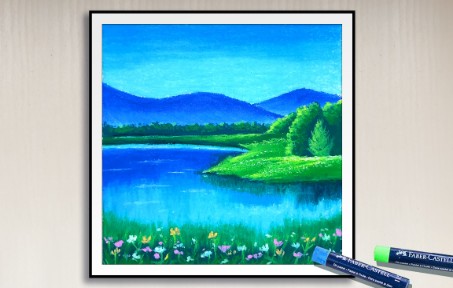 油画棒风景用油画棒画美丽湖畔风景,油画棒风景手绘过程分享哔哩哔哩bilibili