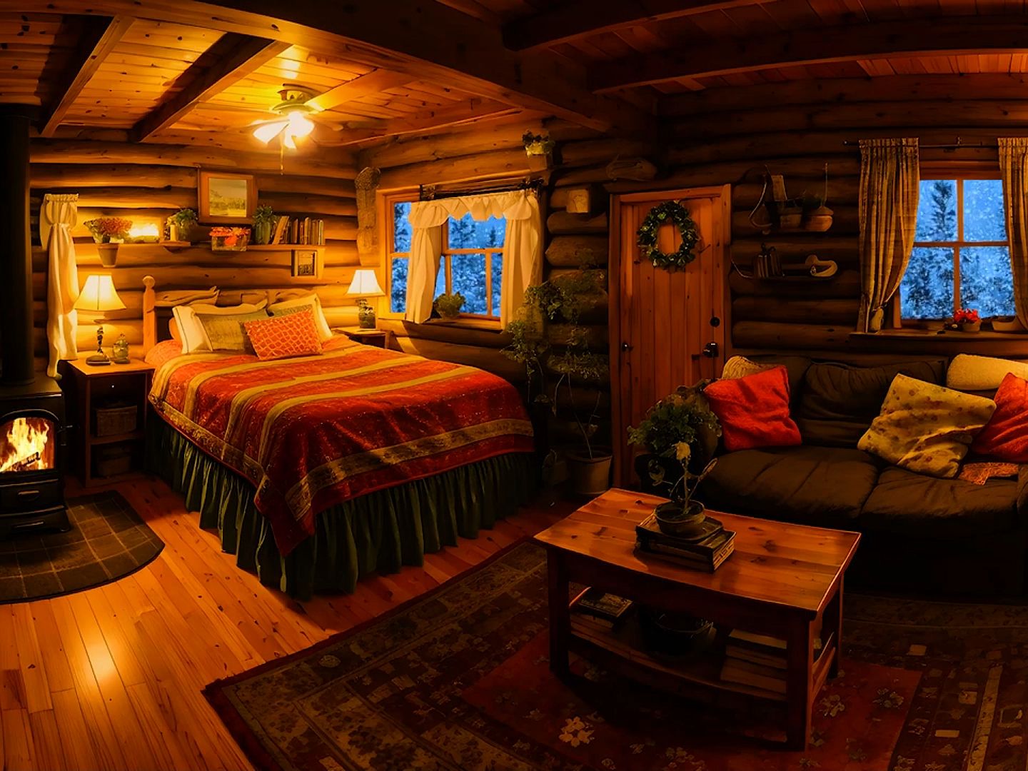 放松冬季小屋氛围丨爆裂的壁炉燃烧声让你放松睡眠丨呼啸的寒风