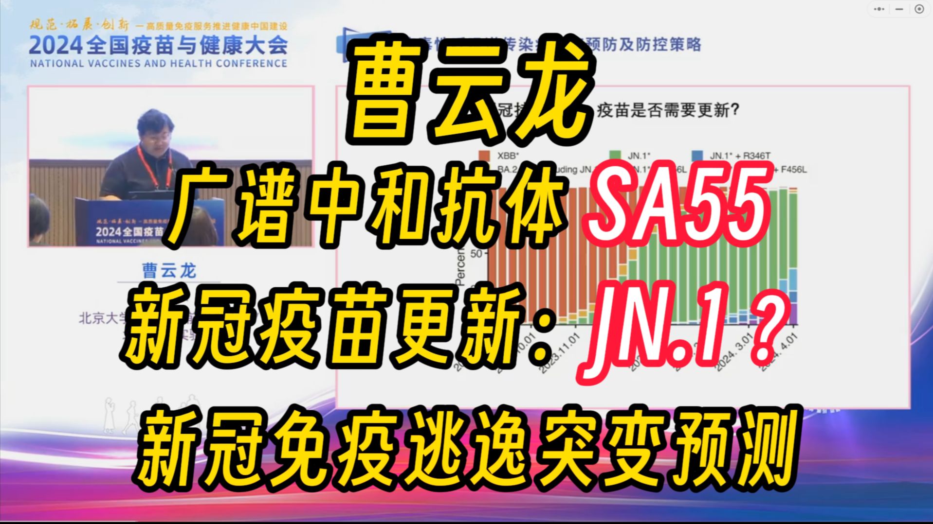 曹云龙【新冠变异进化机制研究】新冠病毒变异预测  广谱中和抗体 SA55  新冠疫苗更新:JN.1?| 2024全国疫苗与健康大会 | 分会场八哔哩哔哩bilibili