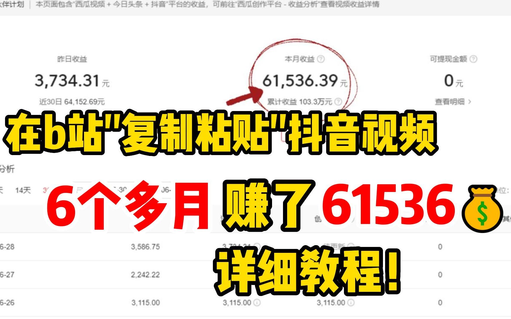 直接"复制粘贴"抖音视频,操作6个多月,赚了605000多元,无须担心版权问题,自媒体详细教程!哔哩哔哩bilibili