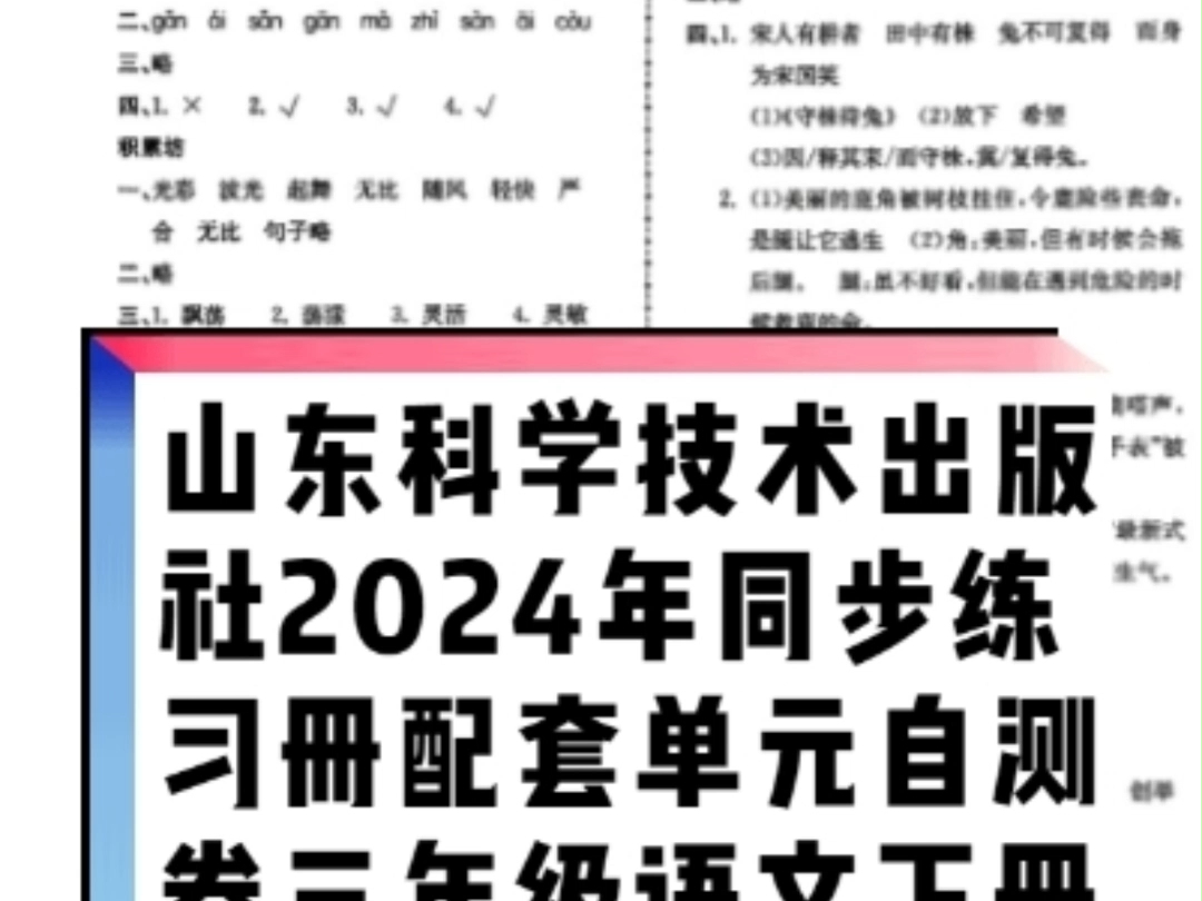 山东科学技术出版社2024年春同步练习册配套单元自测卷三年级语文下册通用版参考答案哔哩哔哩bilibili