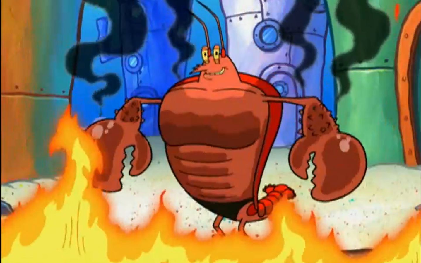 海绵宝宝把车开得太快轮胎喷火了,把路过的虾霸烤焦了