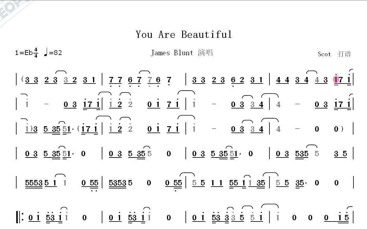 you are beautiful(james blunt 演唱)--动态简谱