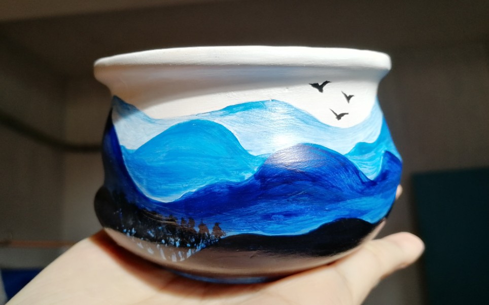 【手绘花盆】多肉花盆简易丙烯画 远山飞鸟